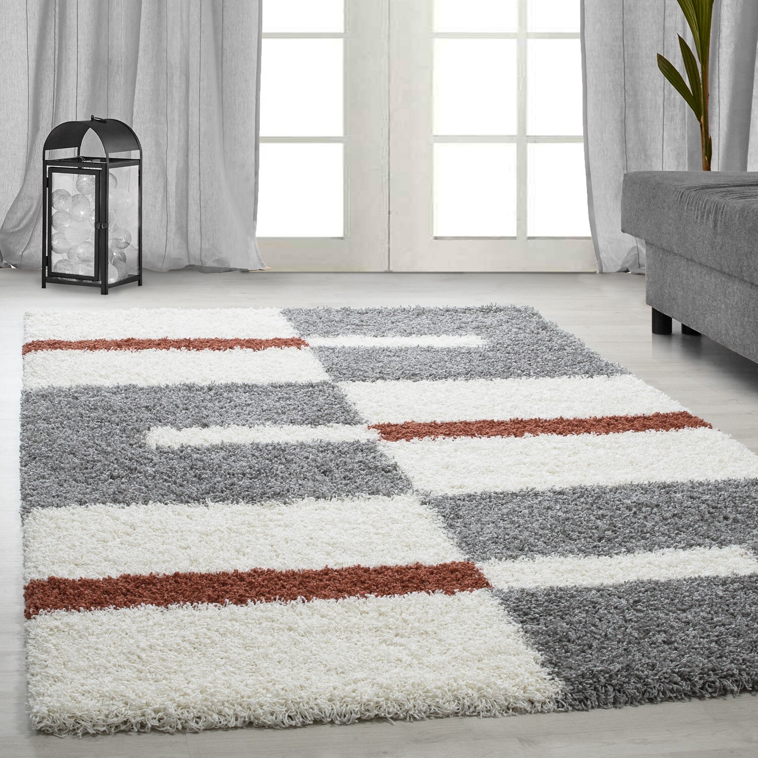 Designer Hochflor Teppich mit Karo- und Linienmuster, Flauschiger Langflor