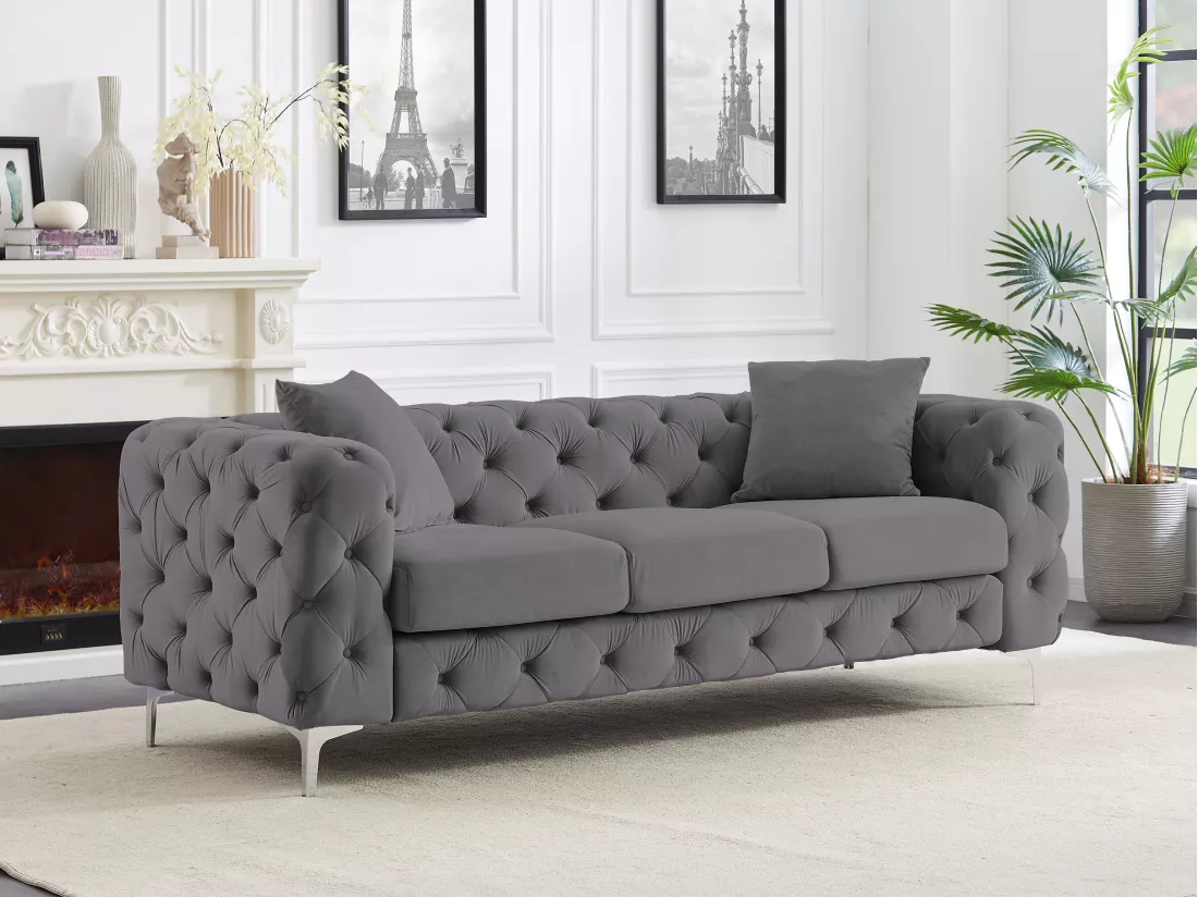 Canapé 3 places chesterfield en velours anthracite EDWINA