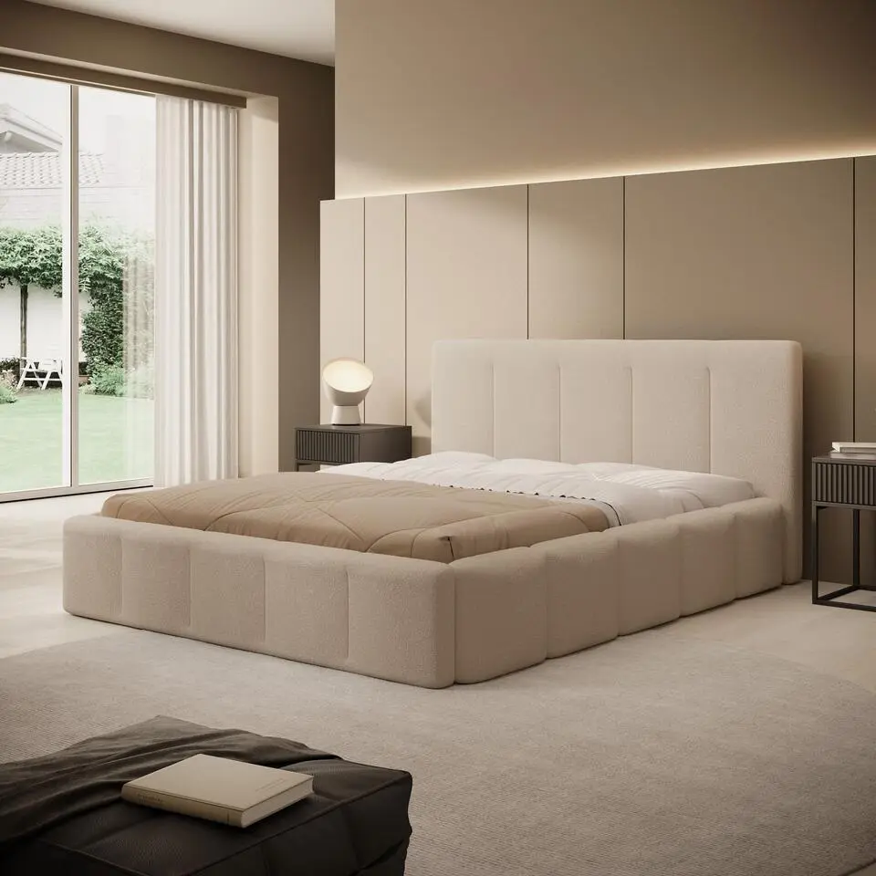Meubella - Tweepersoonsbed Excalibur - Beige teddystof - 160x200 cm