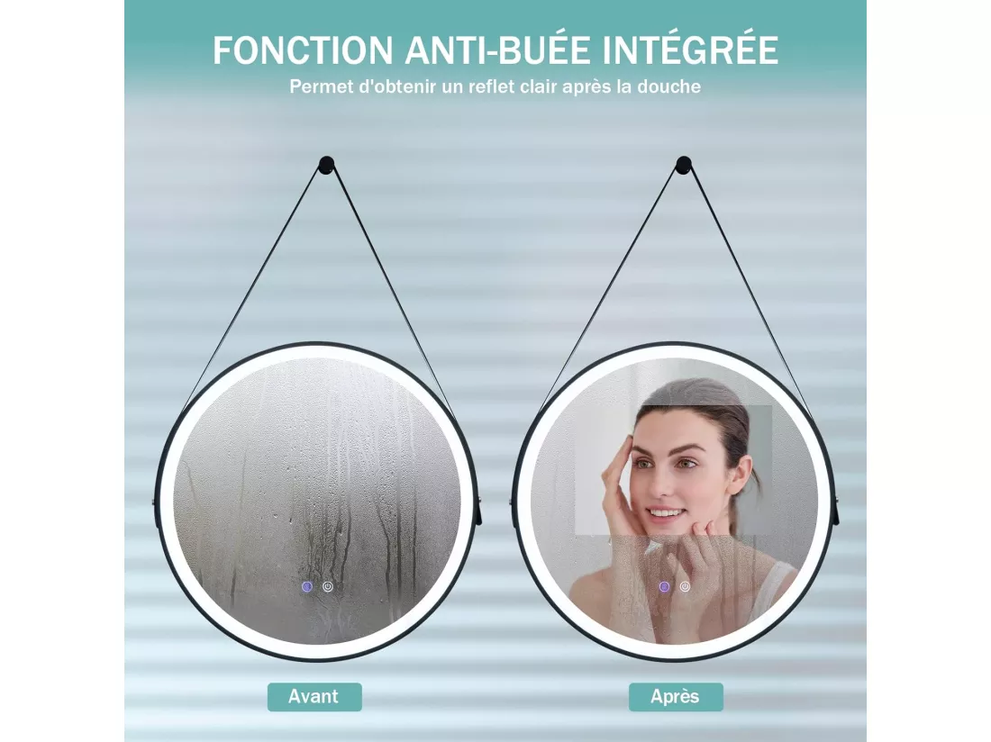 Miroir Anti-Buée Salle de Bain de 60 cm avec Sangle en Cuir, Miroir Anti-Eau Rond LED, Fonction Anti-Buée et Mémoire, Dimmable, 3 Couleurs
