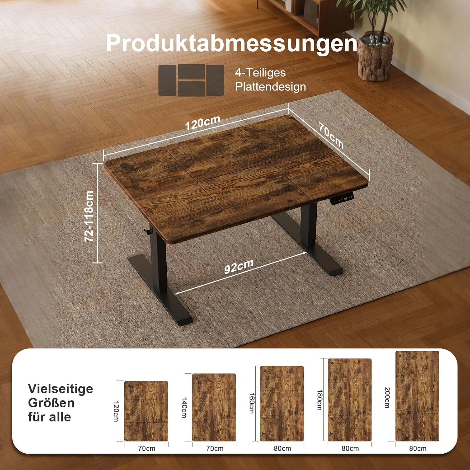 JUMMICO Höhenverstellbarer Schreibtisch 120 x 70 cm mit Kabelwanne, Höhenverstellbar Elektrisch Stehpult mit USB-Buchse, Computertisch, Ergonomischer Steh-Sitz Tisch, Bürotisch, Vintage-braun