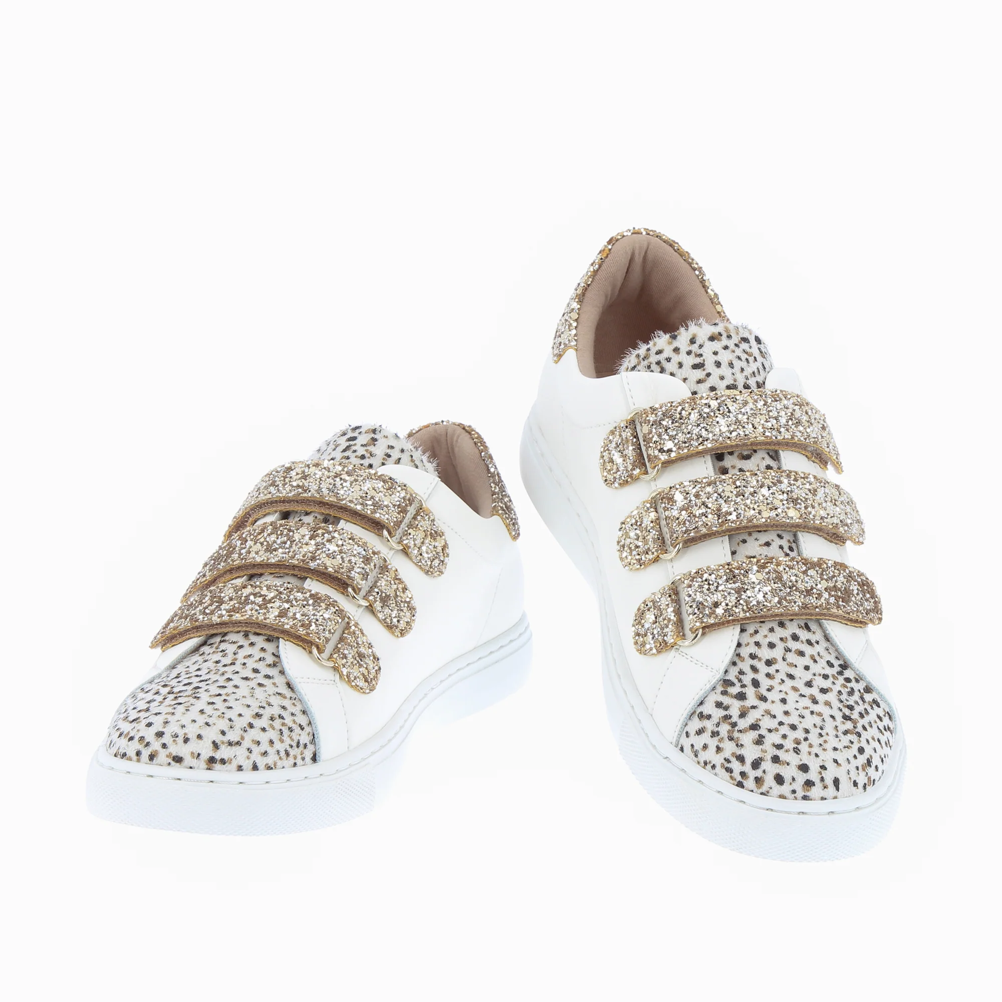 Sneakers-Baskets Nour blanc et imprimé léopard à scratchs or