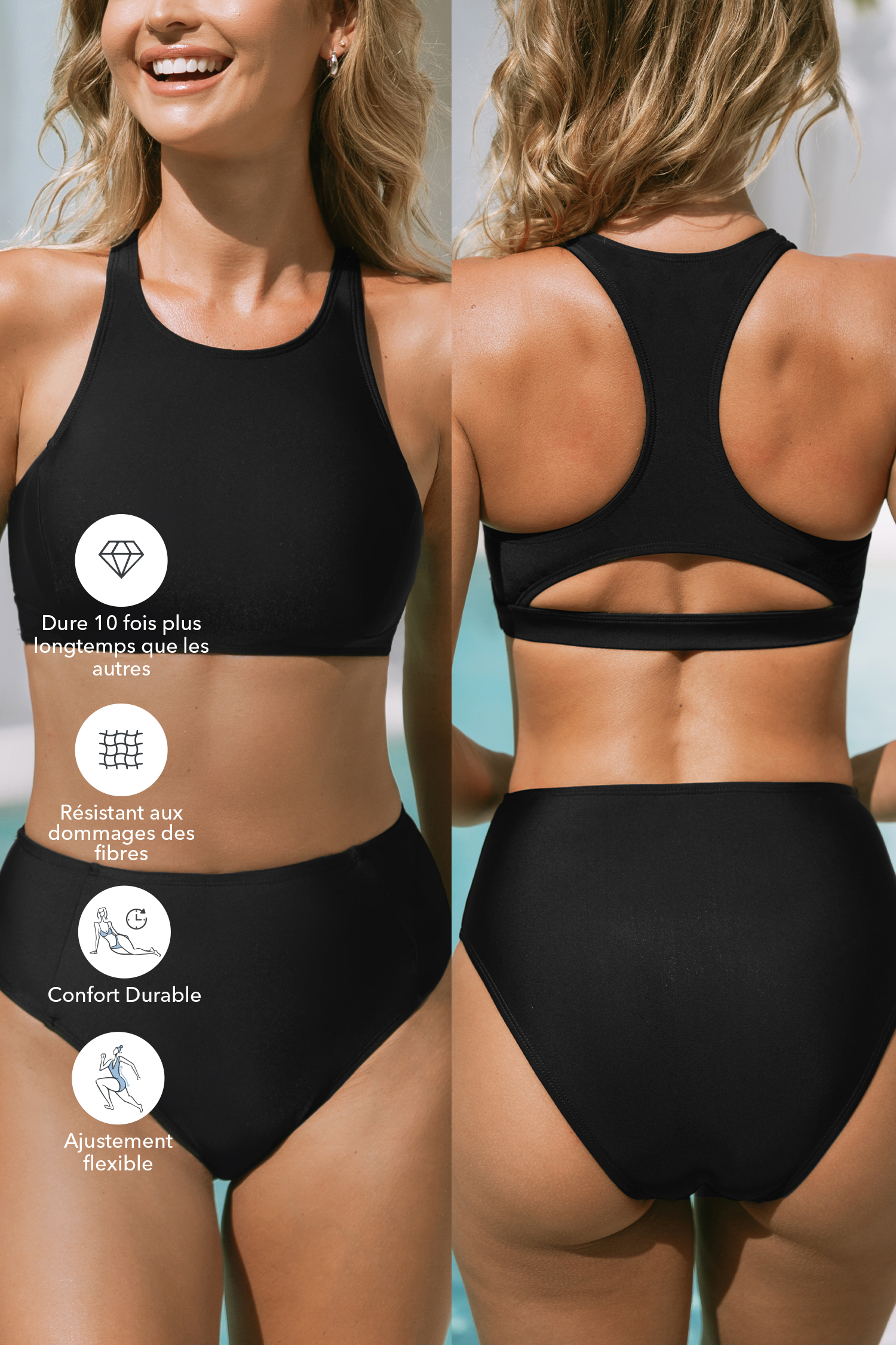Bikini sportif et bas classique noir en lycra
