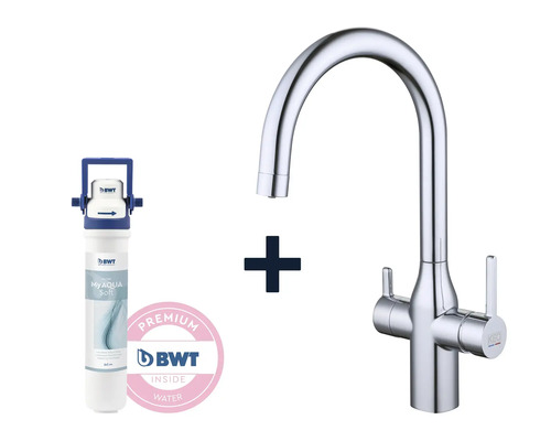 KEO NOA keukenkraan met filterfunctie, chroom, inclusief BWT MyAqua Soft filter en filterkop, filtert chloor, kalkaanslag en zware metalen