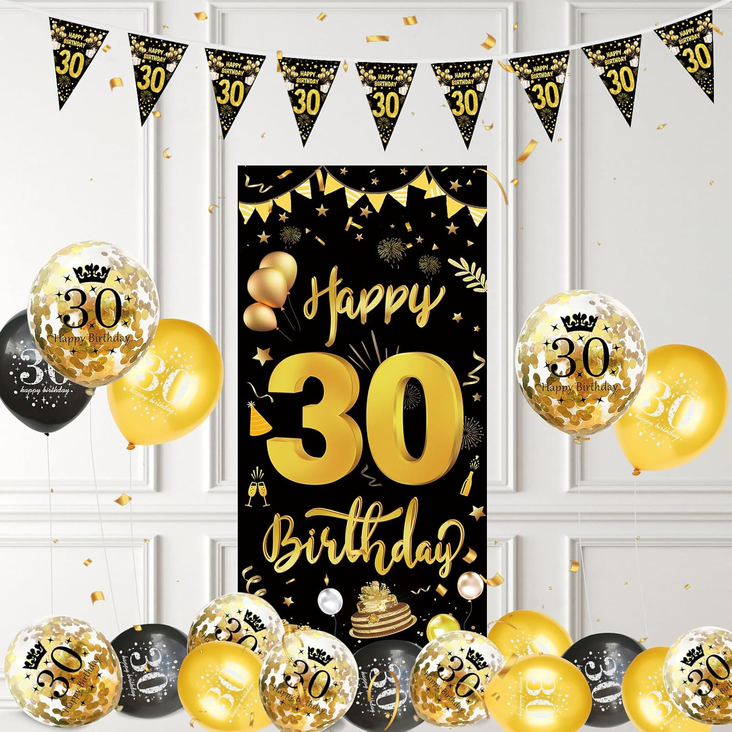 (2m) Happy Birthday Girlande 30. Geburtstag Party Dekoration Wimpelkette Accessoire Banner - Schwarz / Gold