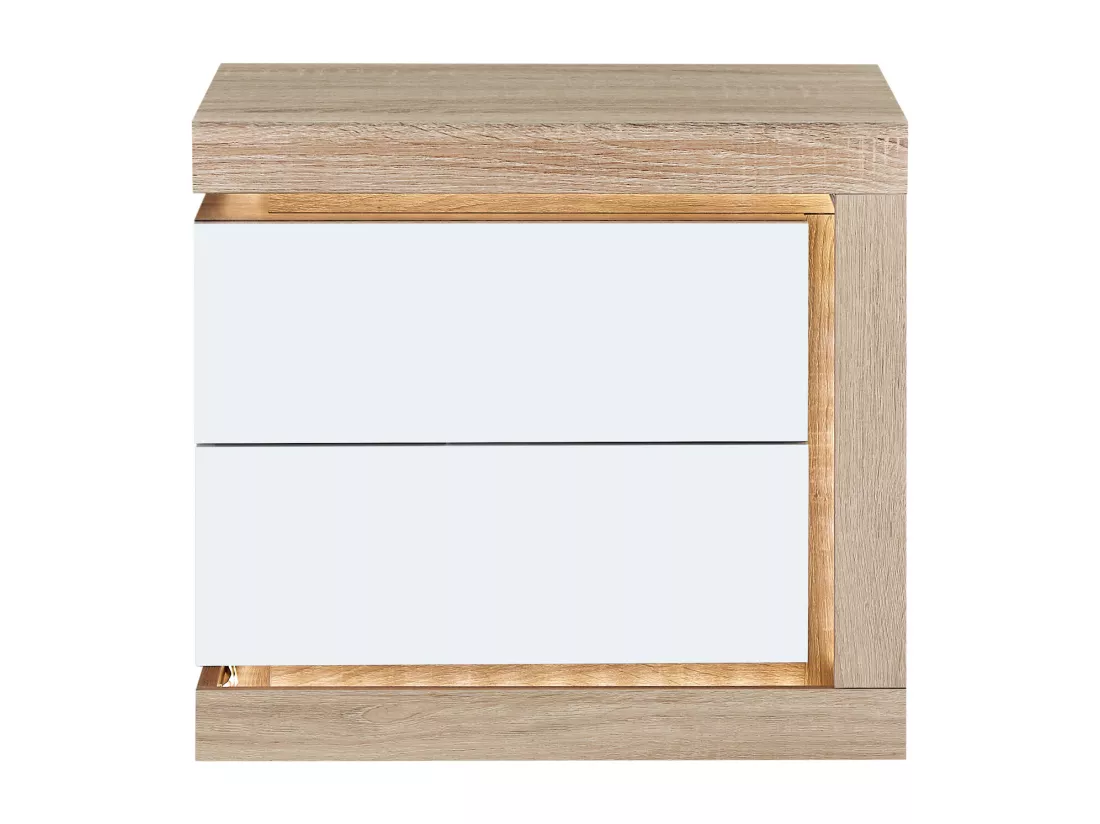 Lot de 2 table de chevet avec 2 tiroirs - Avec LEDs - Blanc laqué et naturel - FLARANCIA
