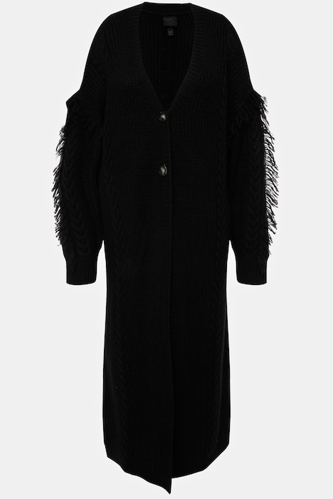 Strickjacke, Fransen, Zopfmuster, Oversized, V-Ausschnitt