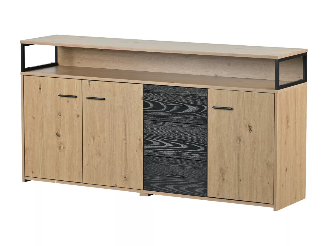 Buffet industriel effet bois avec 3 portes et 3 tiroirs rangement avec poignée métallique 150x35x75,9cm VAGNAD
