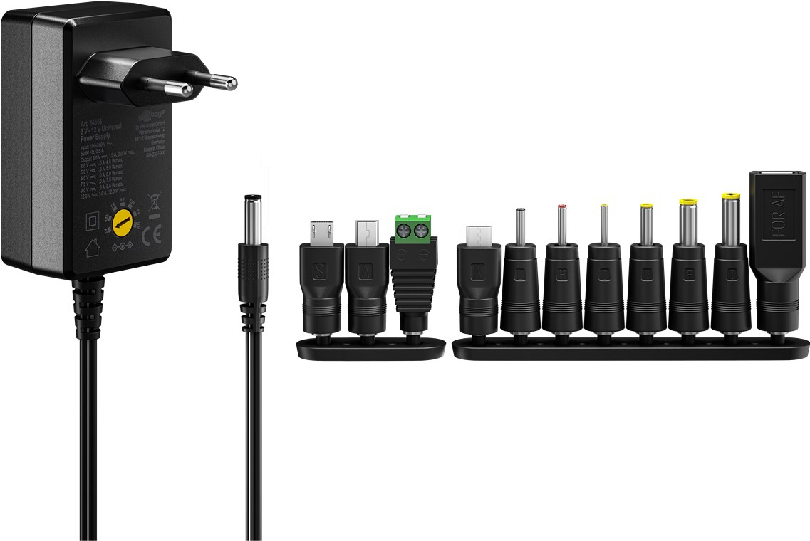 (12W) Universal Ladegerät Netzteil AC/DC 3-12V inkl. 11 Adaptersteckern (64568) - Schwarz