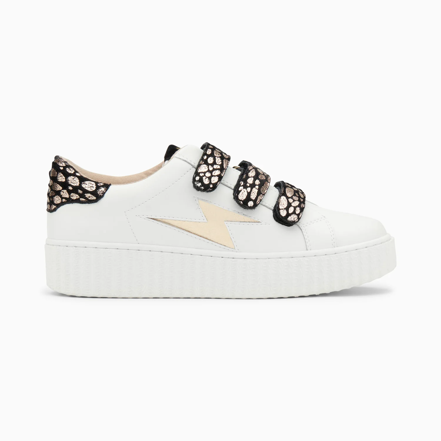 Sneakers-Baskets éclair Daisy blanc et or à scratchs léopard