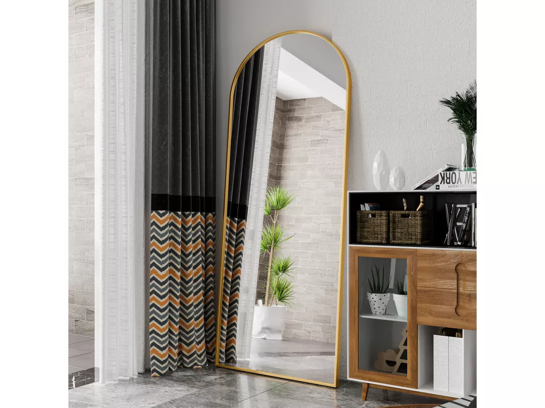 Miroir pleine longueur 180 x 80 cm, sur pied, suspendu ou appuyé, grand miroir de sol avec cadre en alliage d'aluminium doré pour salon ou chambre à coucher, Arc