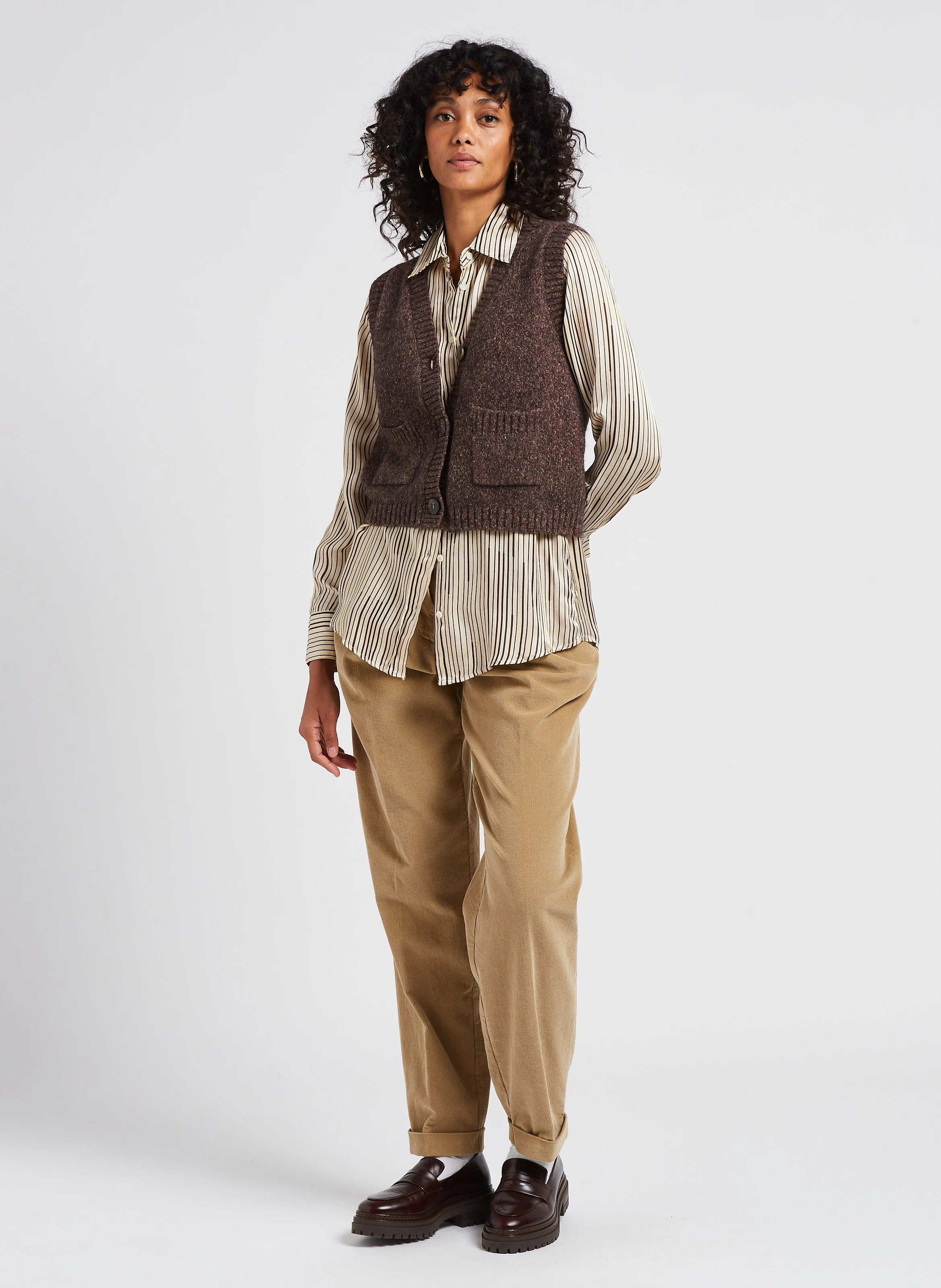 Pantalon carotte en coton de velours côtelé| Marron