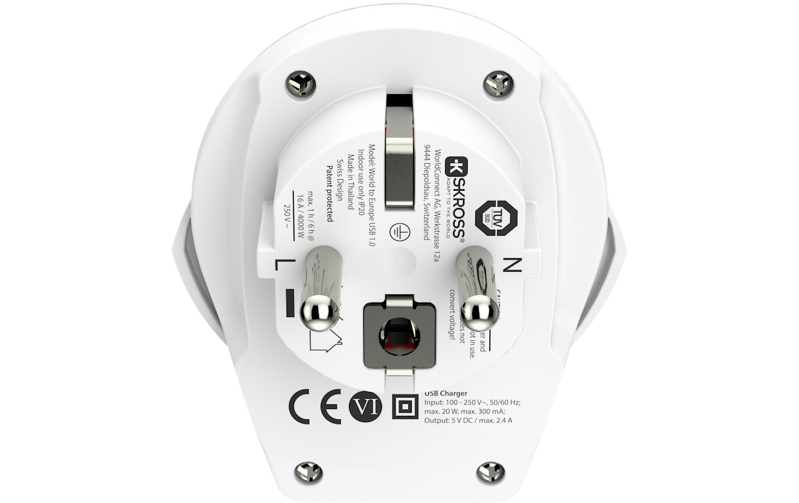 Reiseadapter World – EU mit USB LadegerätKompakter Reisestecker World zu Europa mit USB Ladeanschluss