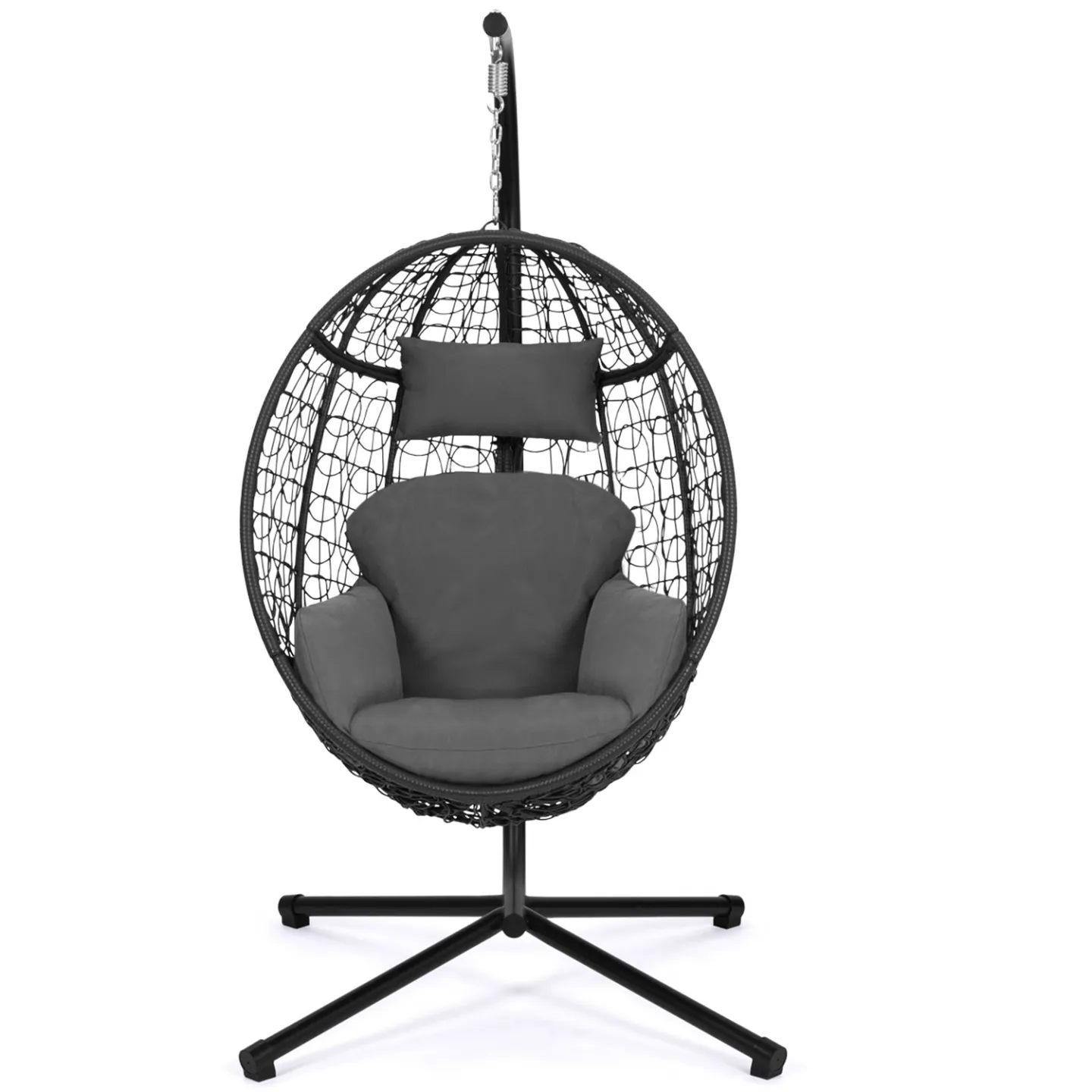 Fauteuil oeuf suspendu ajouré effet rotin gris avec coussin gris