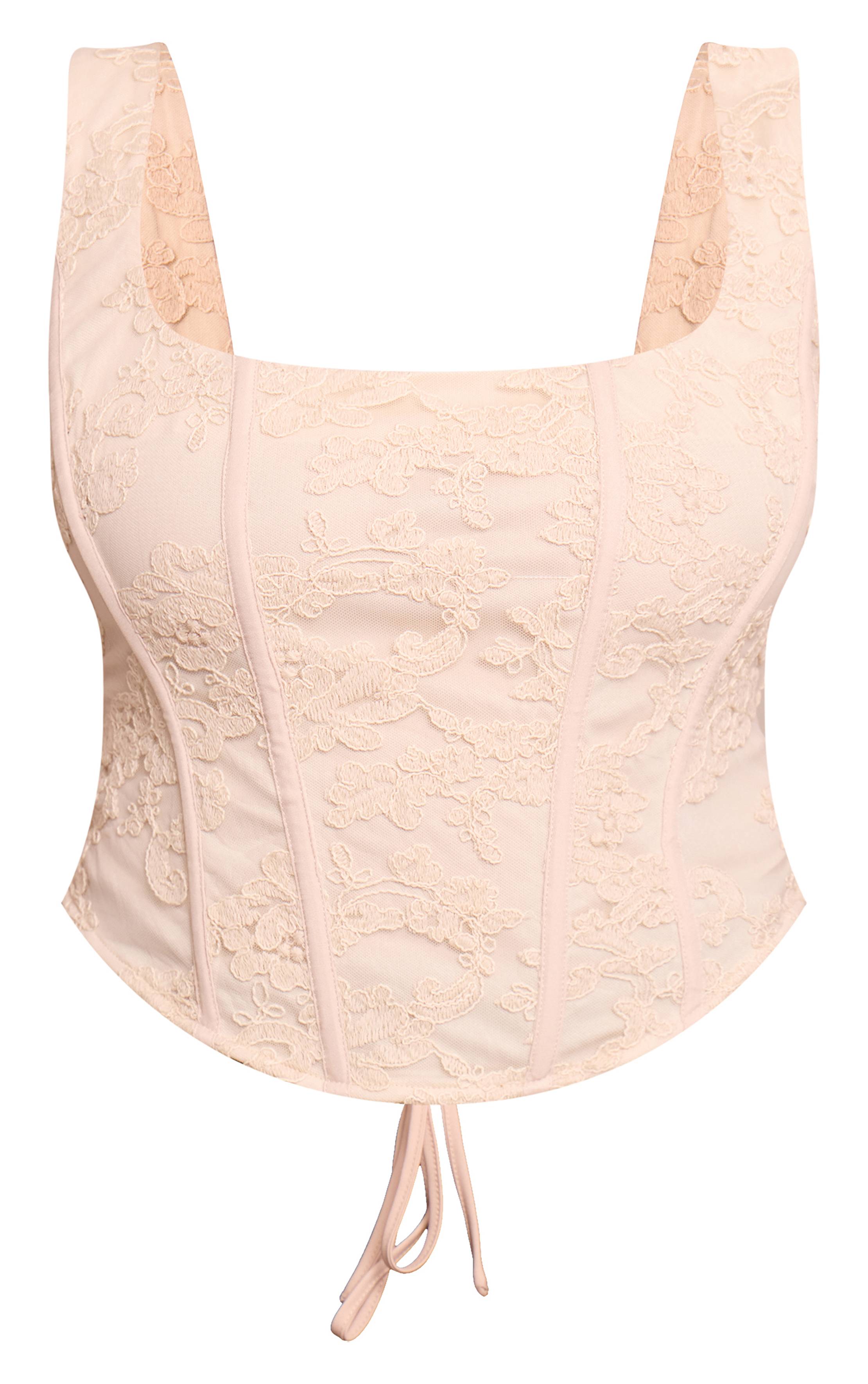 Crème Haut Corset Shape À Lacets Au Dos Avec Dentelle Florale Texturée