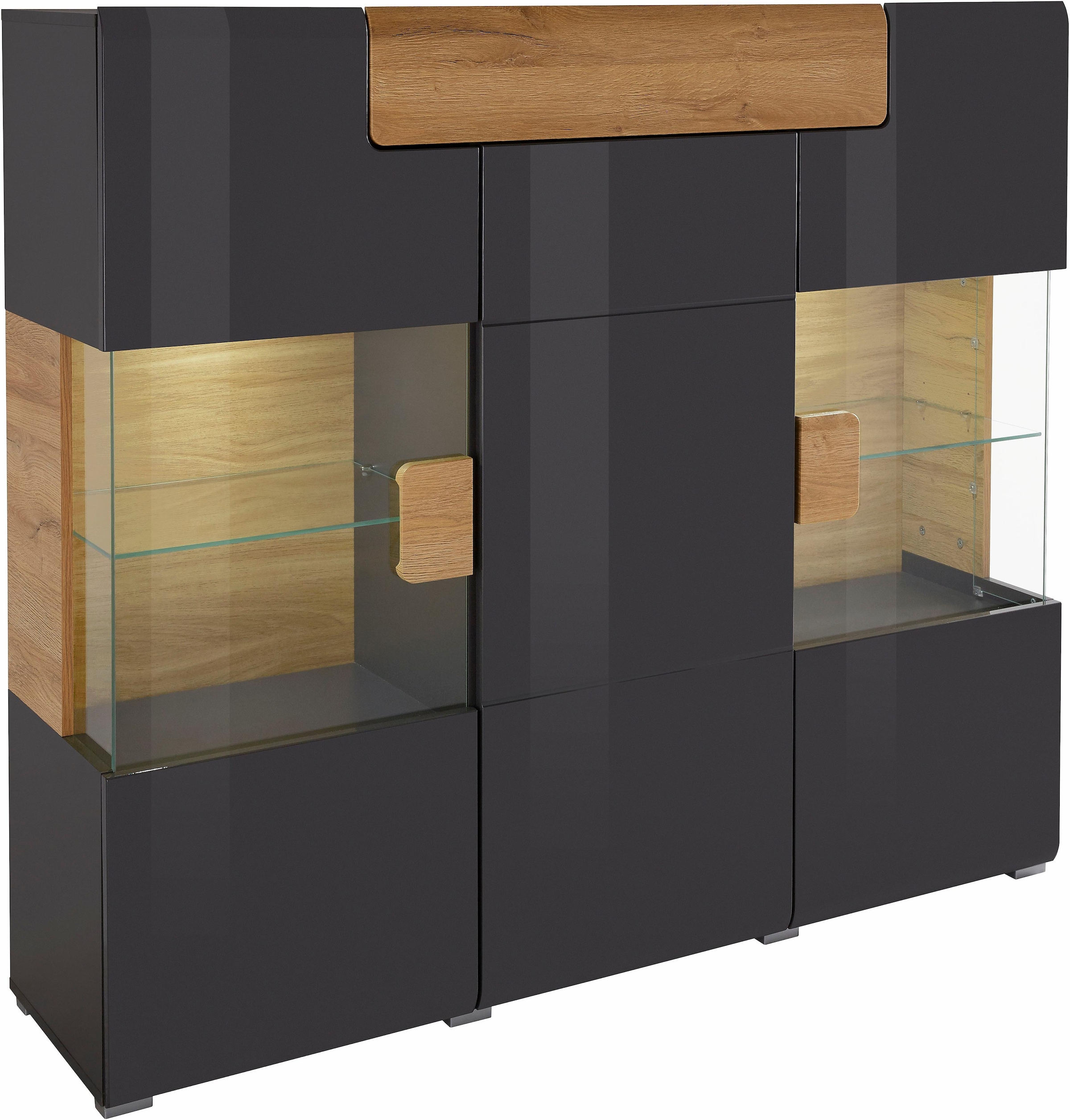 INOSIGN Highboard »Toledo,Breite 147,5cm,trendige Hochkommode mit 3Türen und Schublade« Hochschrank mit Glas-Partien,stylische Hochglanzfronten