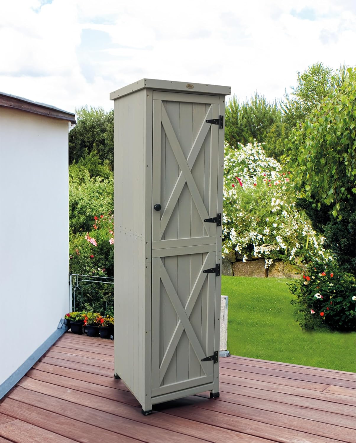 HABAU Gartenschrank, wetterfest in Grau lasiert, aus zertifiziertem Massivholz, ideal für Garten, Balkon und Terrasse (Ben)