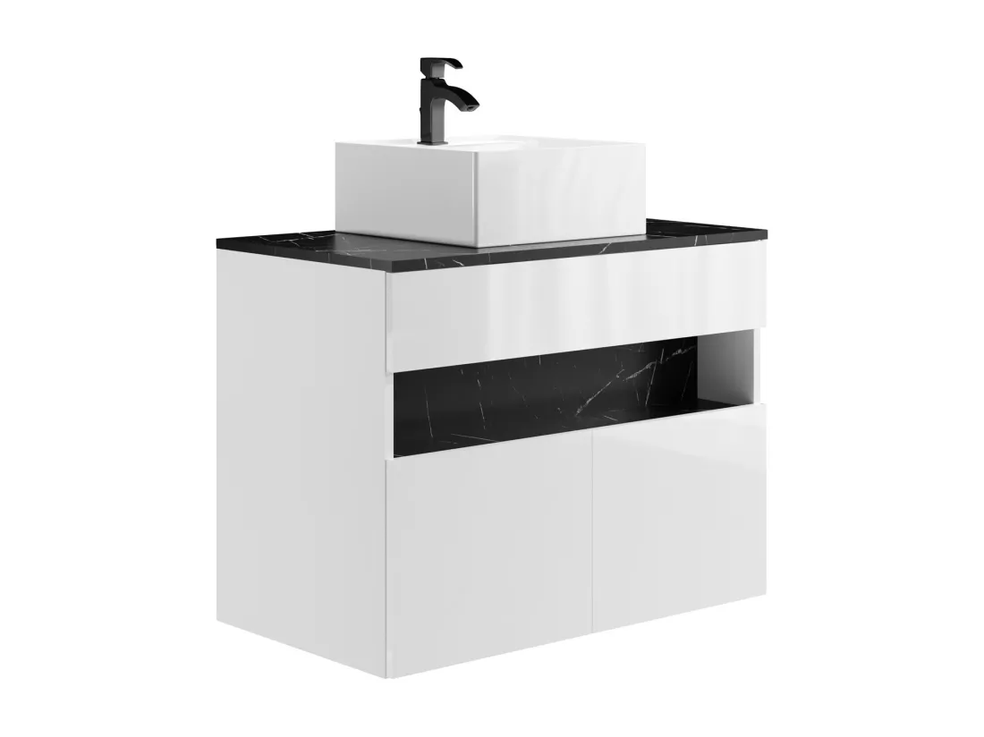 Meuble de salle de bain suspendu à LEDs avec vasque à poser - Blanc et noir effet marbre - L80 cm - POZEGA