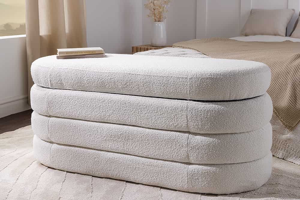 Extravagante Polsterbank VOGUE 115cm creme weiß Bouclé Sitzbank mit Stauraum