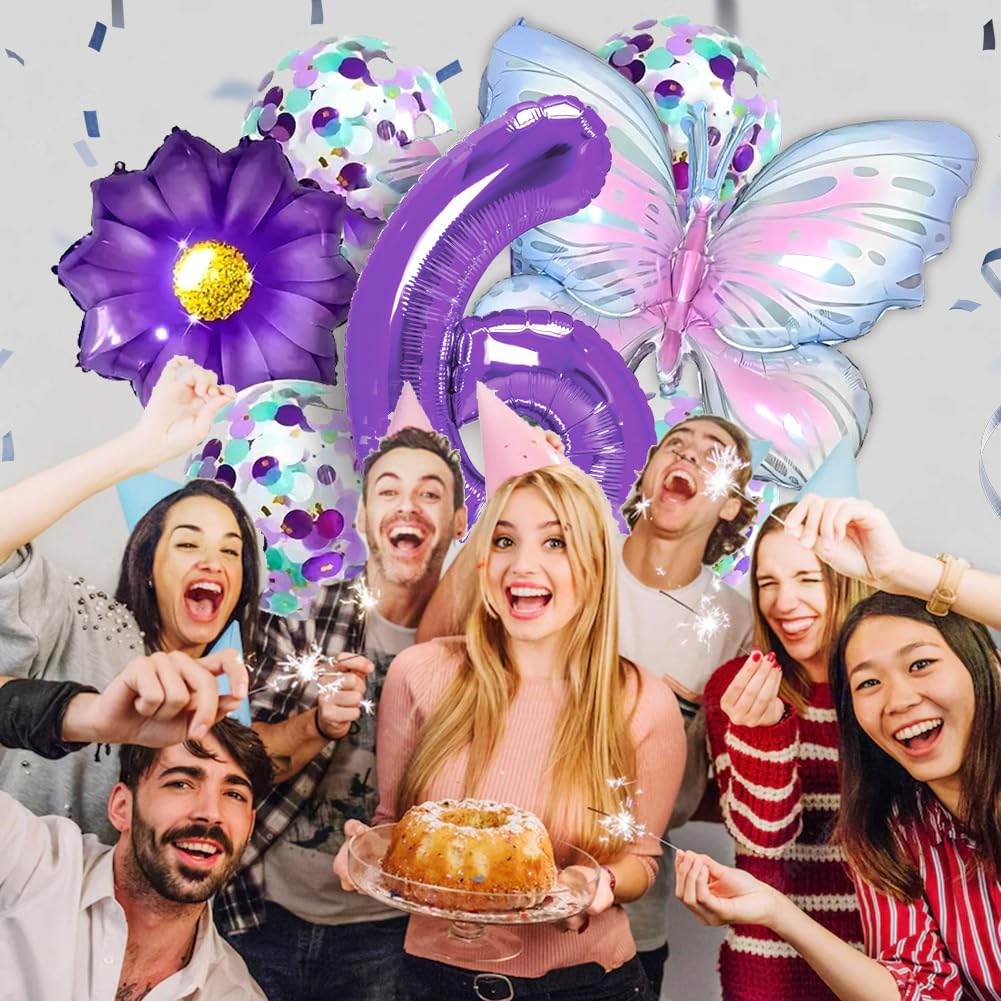 (7-tlg. Set) Zahlen Ballon Kinder Geburtstags Party Folienballon inkl. Latex Luftballons - Zahl 6 / Schmetterling