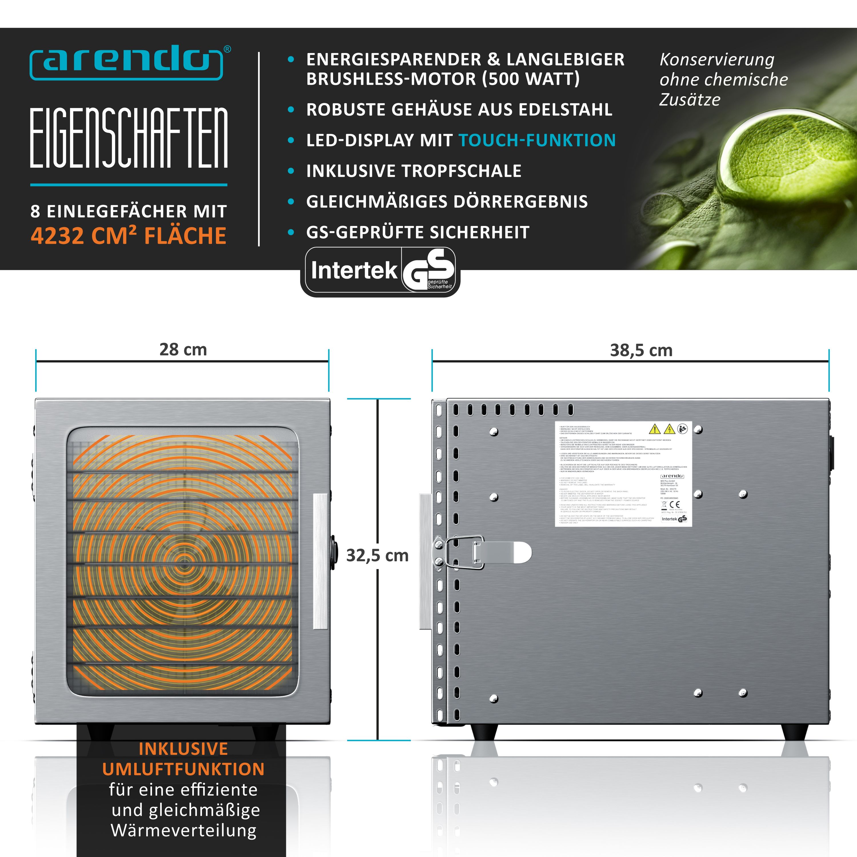 Arendo Edelstahl Dörrautomat mit Temperaturregler - Timer bis zu 24 h - Dehydrator - Dörrgerät