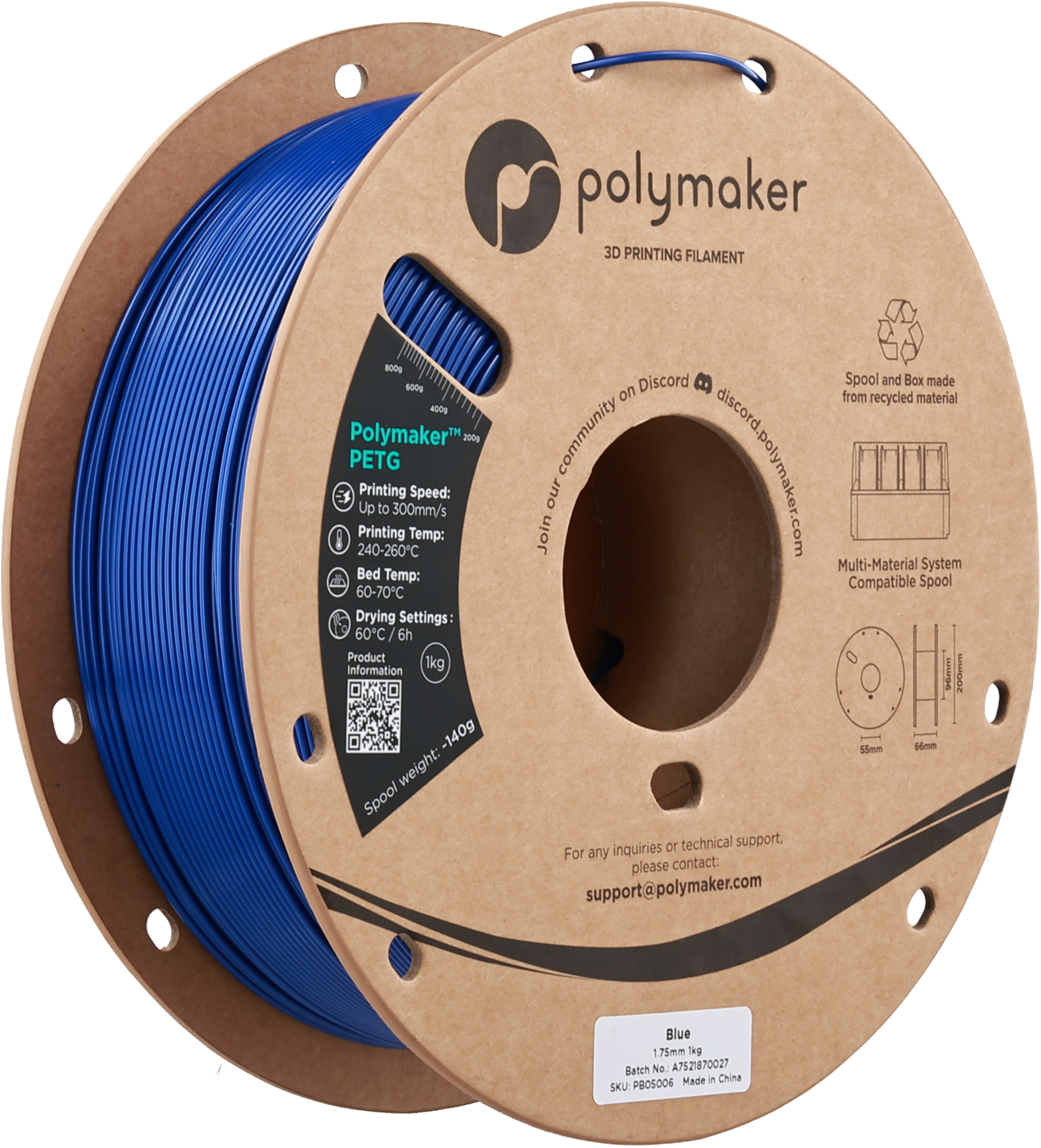 Polymaker  PETG Blue, 1,75 mm / 1000 g    Robustes PETG optimiert für High Speed Druck in Blue