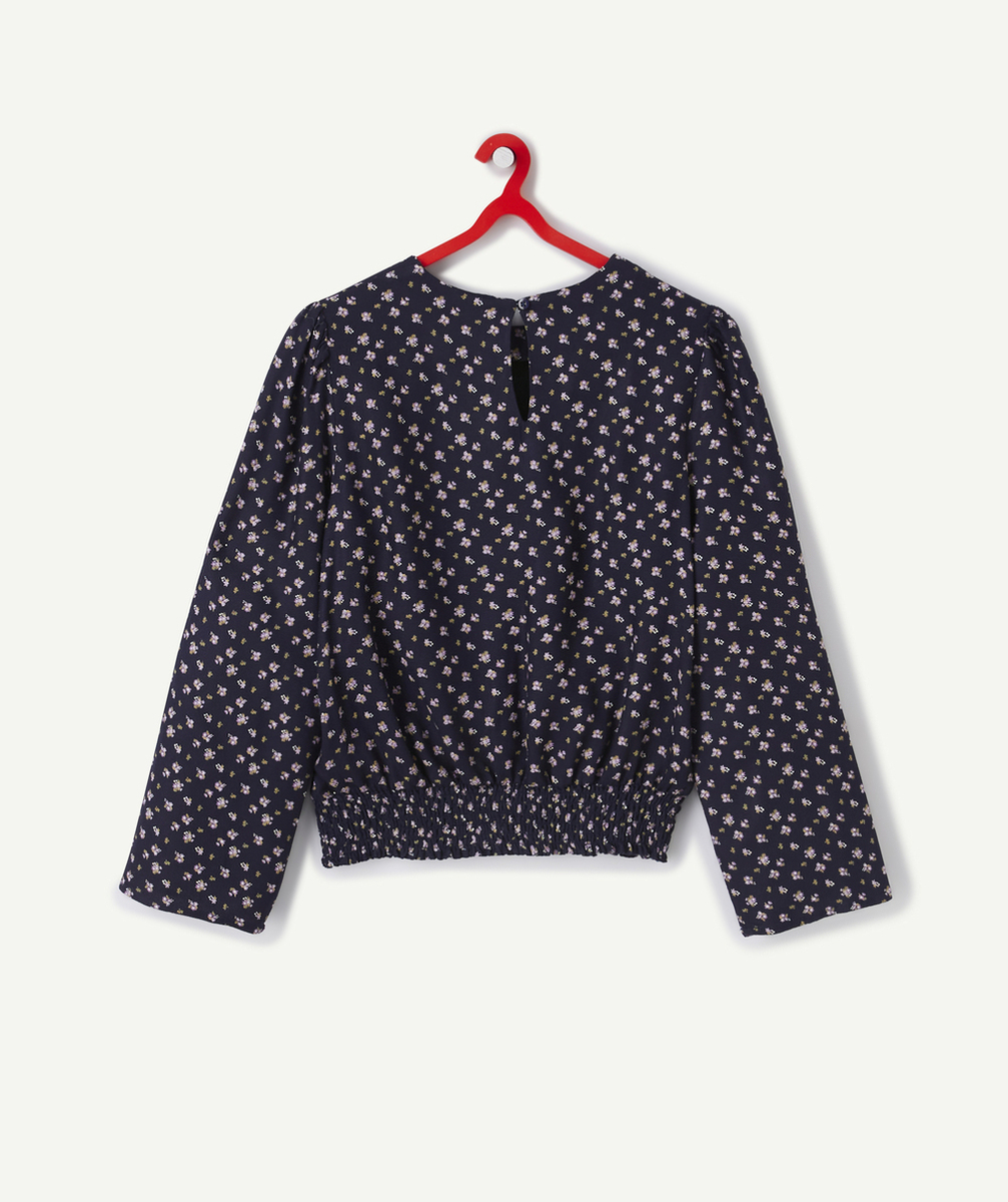 BLOUSE FILLE EN VISCOSE RESPONSABLE BLEU MARINE ET FLEURIE