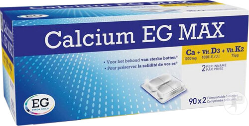 Calcium EG Max 1000mg, 1000 U.I Vitamines D3 & 75µg Vitamine K2 180 Comprimés