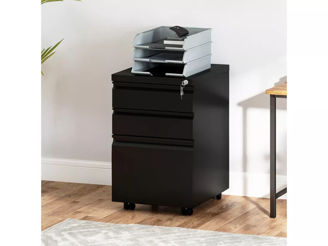 Caisson de Bureau - 3 Tiroirs Métal Caisson de Rangement - Meuble de Bureau avec roulettes pour Dossiers Suspendus - Noir - 46 x 39 x 62cm