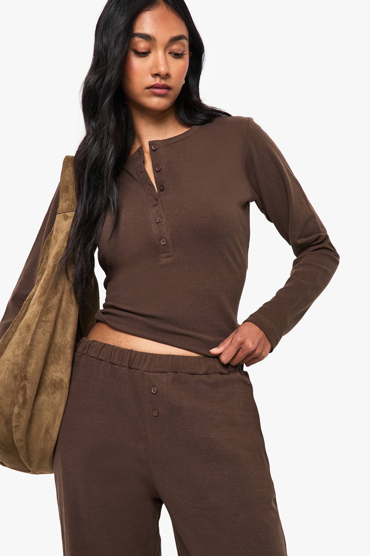boohoo Ensemble coordonné en coton : haut boutonné à encolure échancrée et pantalon