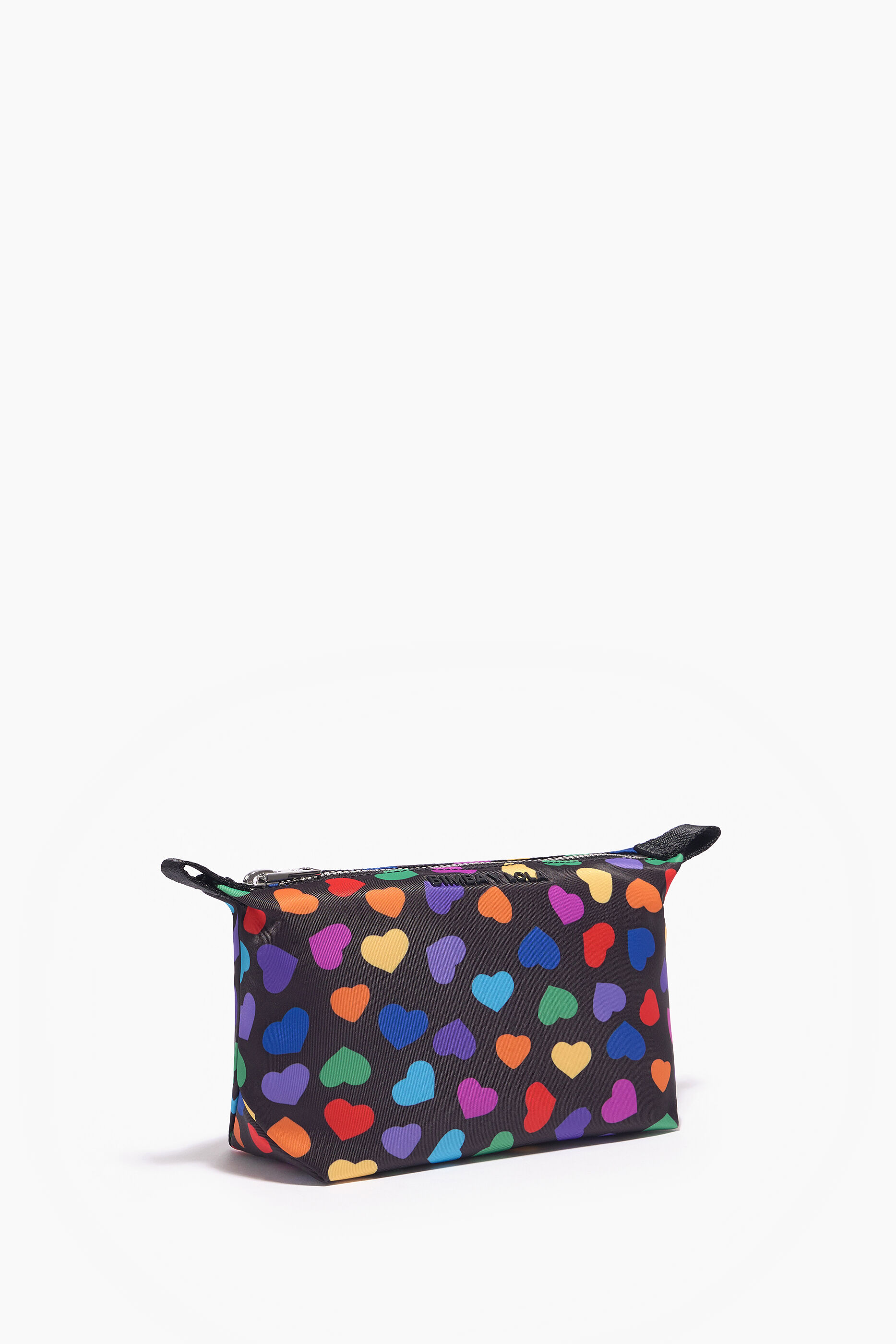 Nécessaire trapezoidal tamanho P em nylon com estampa de corações preta