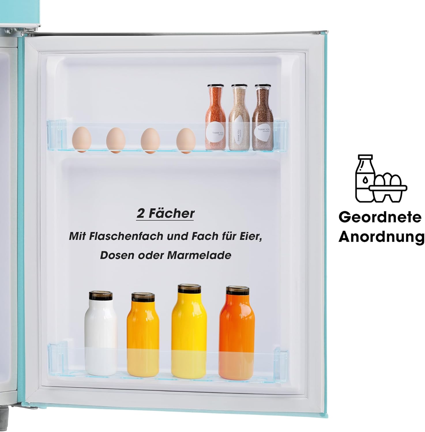 Merax Kühlschrank mit Gefrierfach, Kühl-Gefrierkombination, 72 Liter Doppeltür-Kühlschrank mit 21L Gefrierschrank, 39dB, LED, Glasablagen, Gemüsefach, Türablagen, für Küche, Wohnzimmer, Büro, Cyan