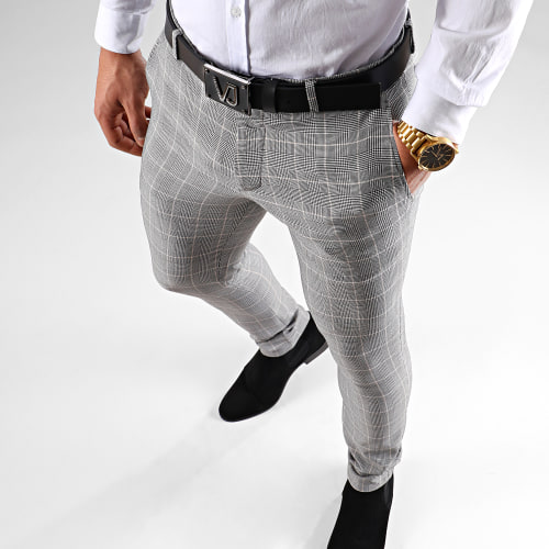 Pantalon Super Skinny Fit A Carreaux 28010 Gris Détails Beige