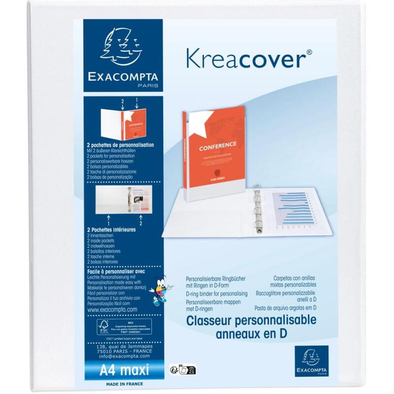 Classeur personnalisable rigide 2 poches KreaCover - 4 anneaux en D 40mm - A4 maxi
