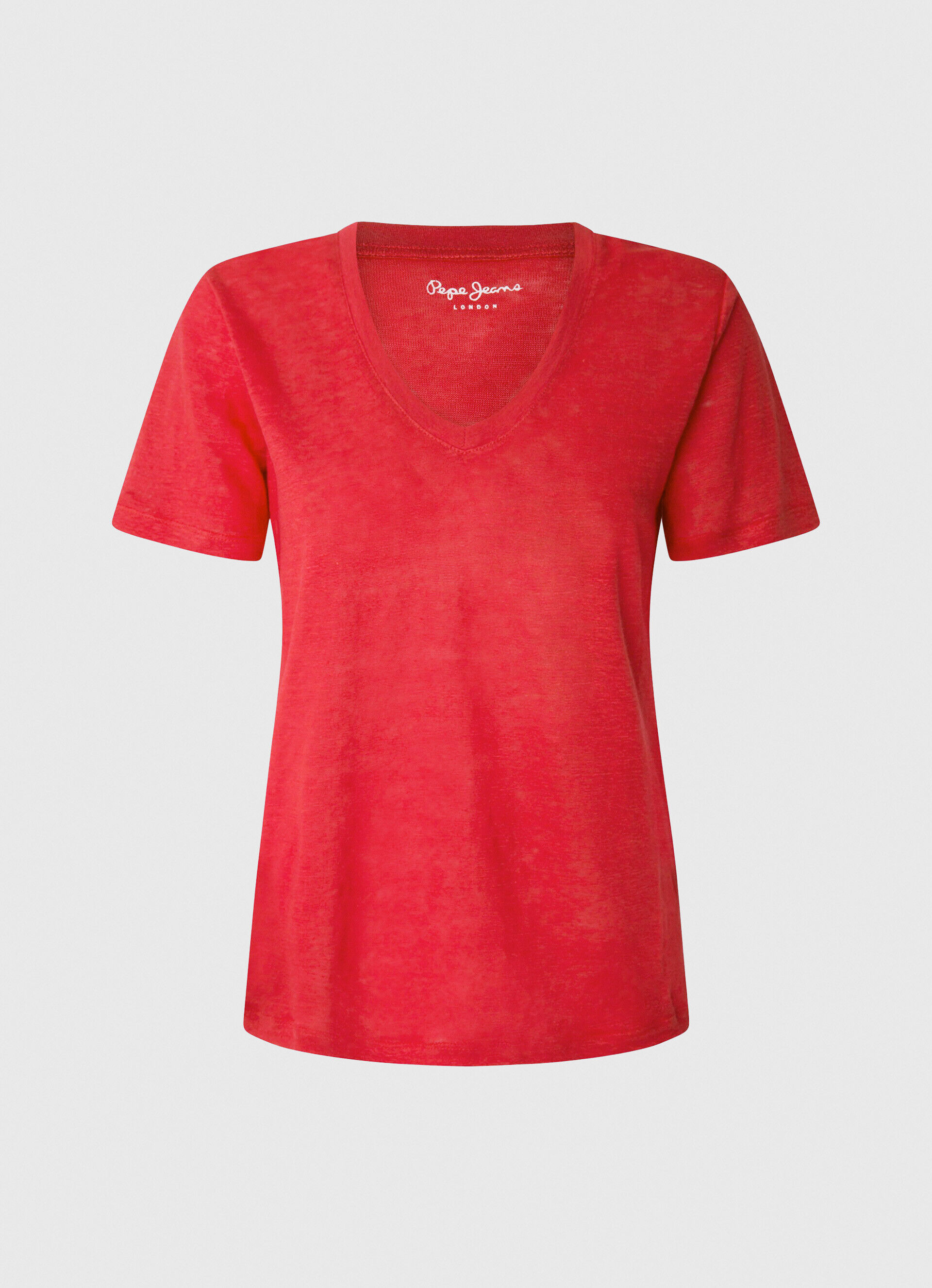 CAMISETA DE LINHO COM DECOTE EM V - vermelho estúdio