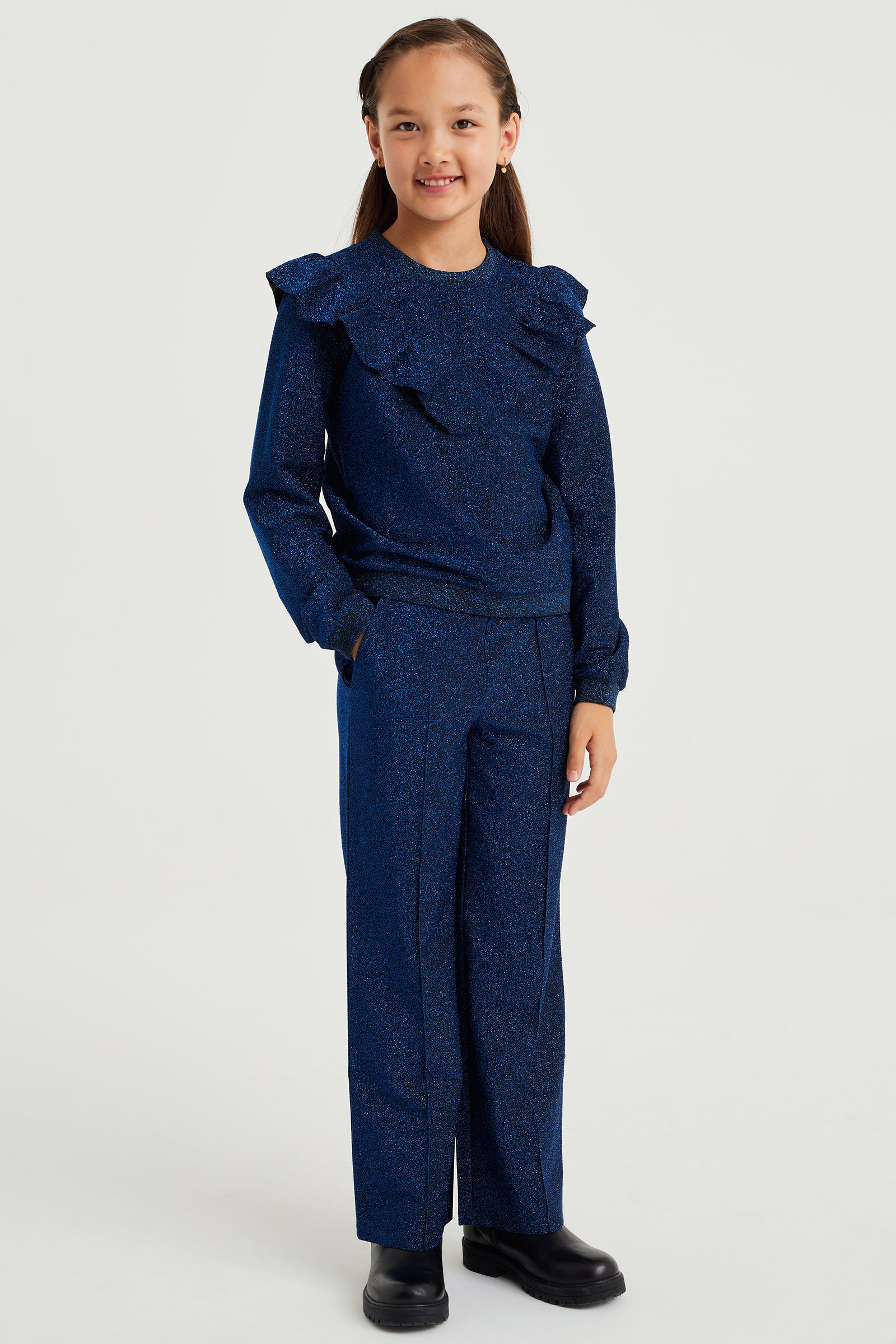 Meisjes straight fit broek met glittergaren WE Fashion Donkerblauw