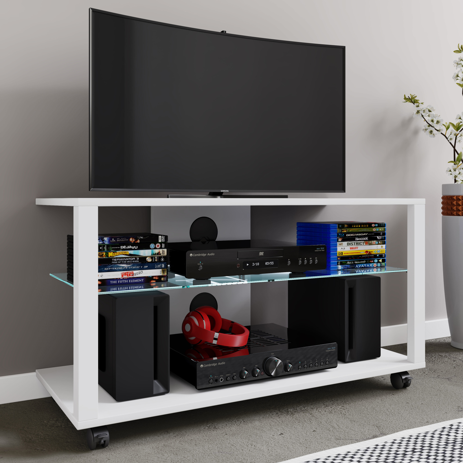 TV-Lowboard FOLAS L - weiß - mit Rollen - 90 cm breit