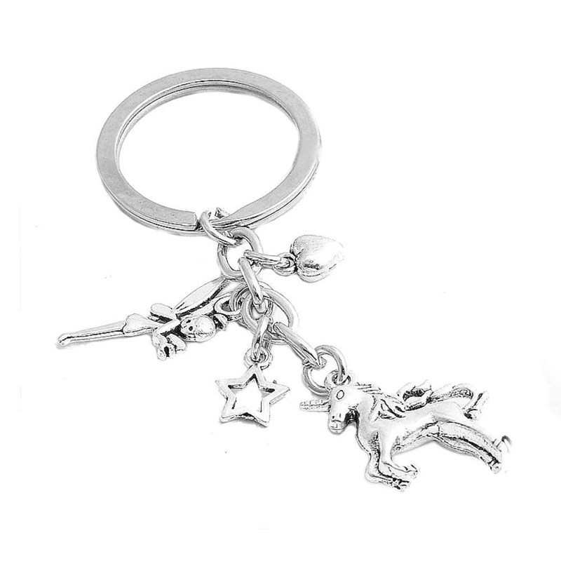 Porte-clés licorne étoile fée coeur argenté
