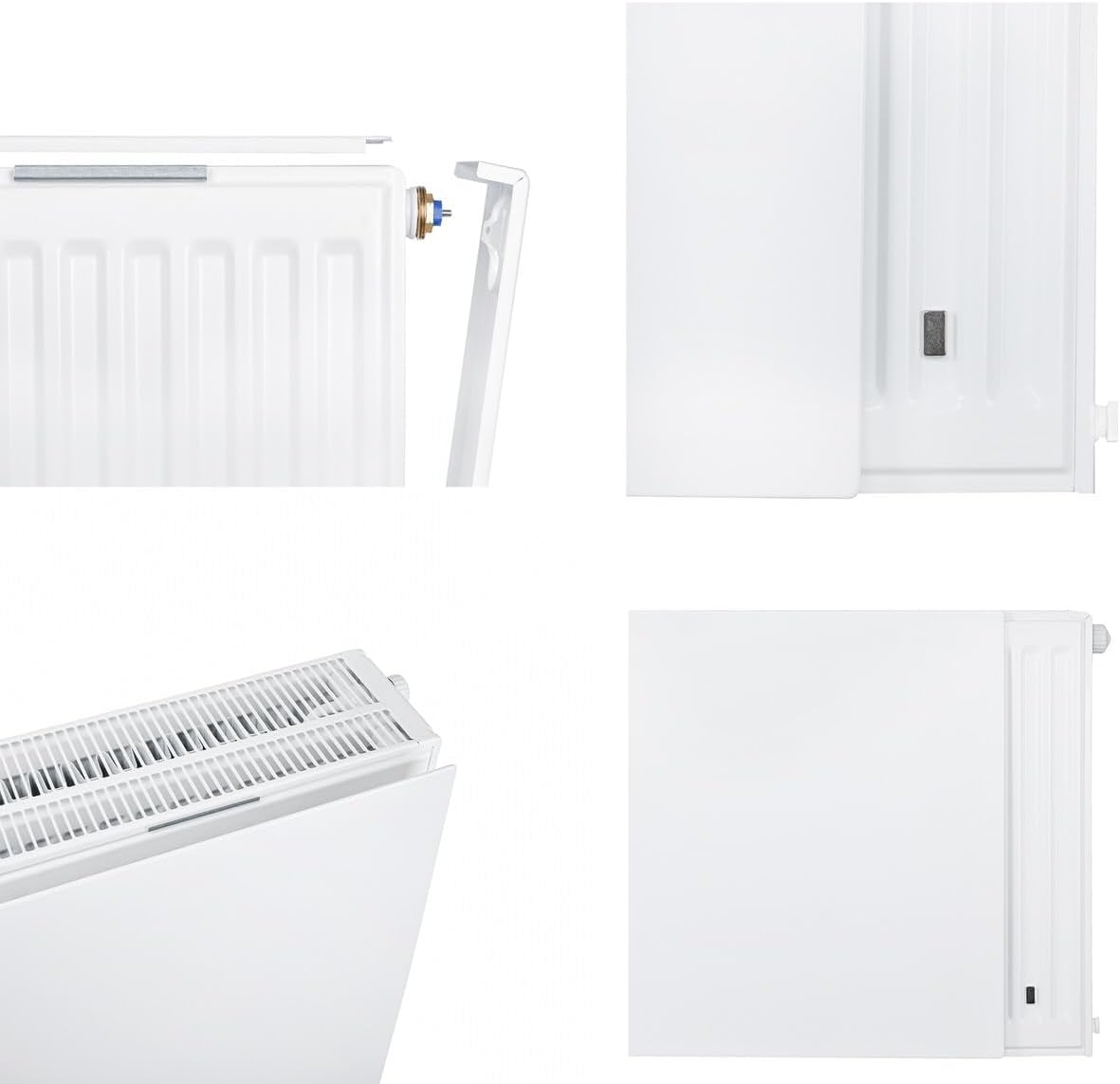 Belrad® Planheizkörper Typ 22 - glatt & plan, Universalheizkörper für Wandmontage, Mittelanschluss, inkl. Halter & Ventil, RAL 9016 reinweiß, 8 Anschlüsse 500x800 mm (HxB)