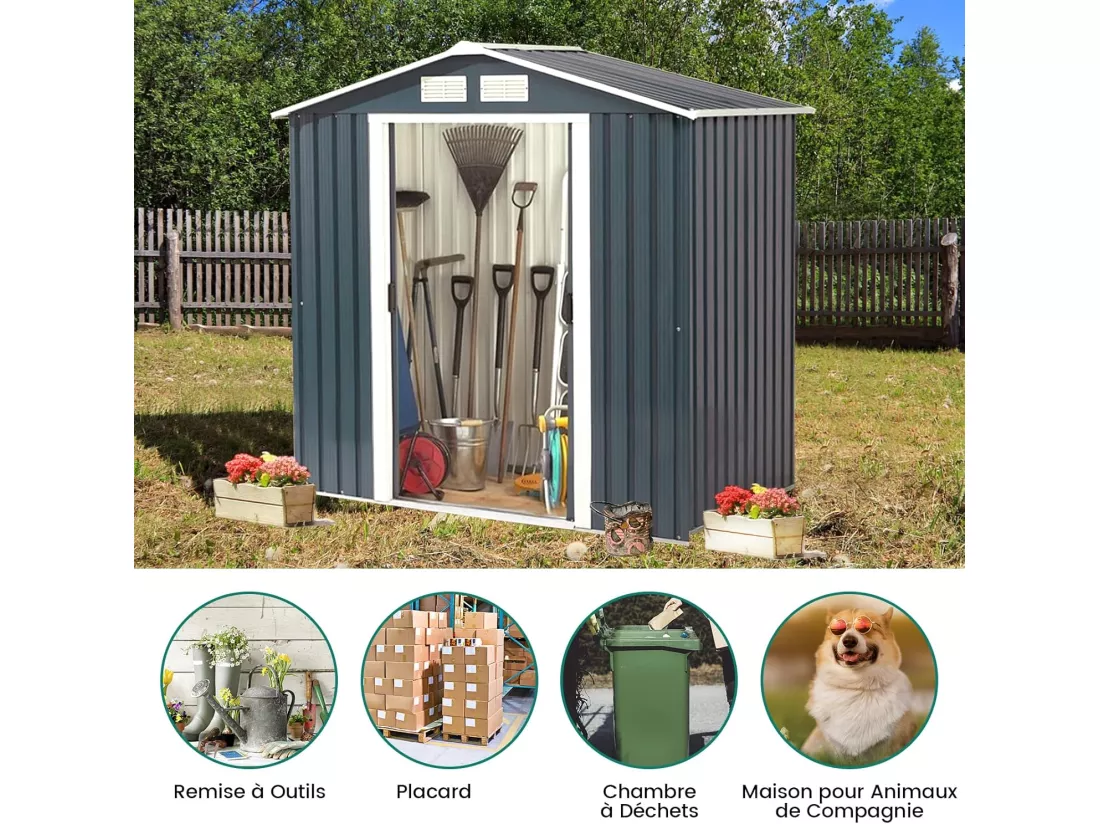 Abri de Jardin Métal 2.7㎡ Toit Incliné, Cabane de Jardin avec 2 Portes Coulissantes Verrouillables, 2 Trous d’Aération, Fondation en Métal, Abri Jardin pour Vélo, Poubelle, Gris