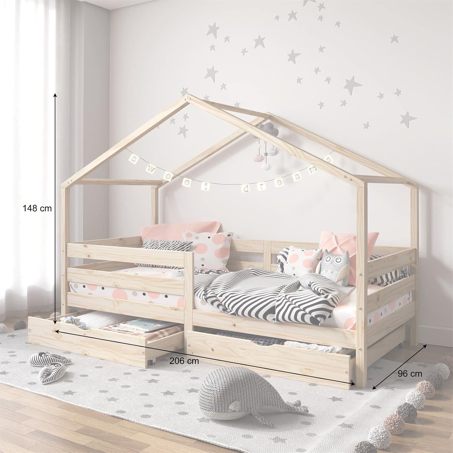 IDIMEX Hausbett ENA aus massiver Kiefer, schönes Montessoribett in 90 x 200 cm, Kinderbett mit Rausfallschutz, stabiles Spielbet mit Dach und 2 Schubladen in Natur