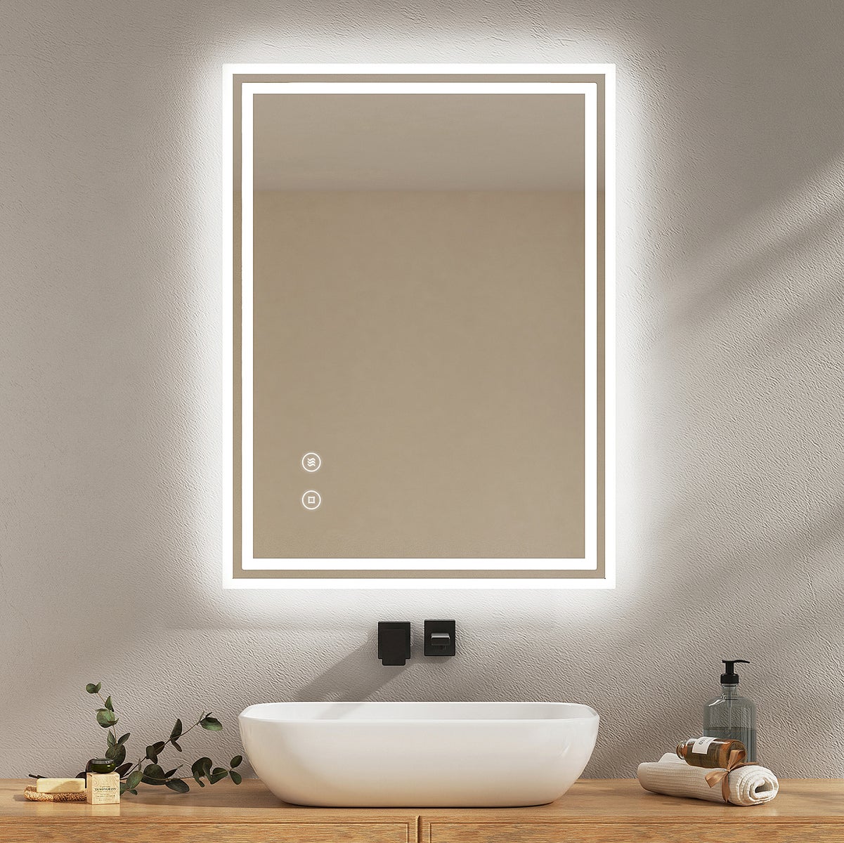 EMKE Badkamerspiegel met verlichting, LED-spiegel met aanraakschakelaar, anti-condens, 90 x 70 cm, koel wit