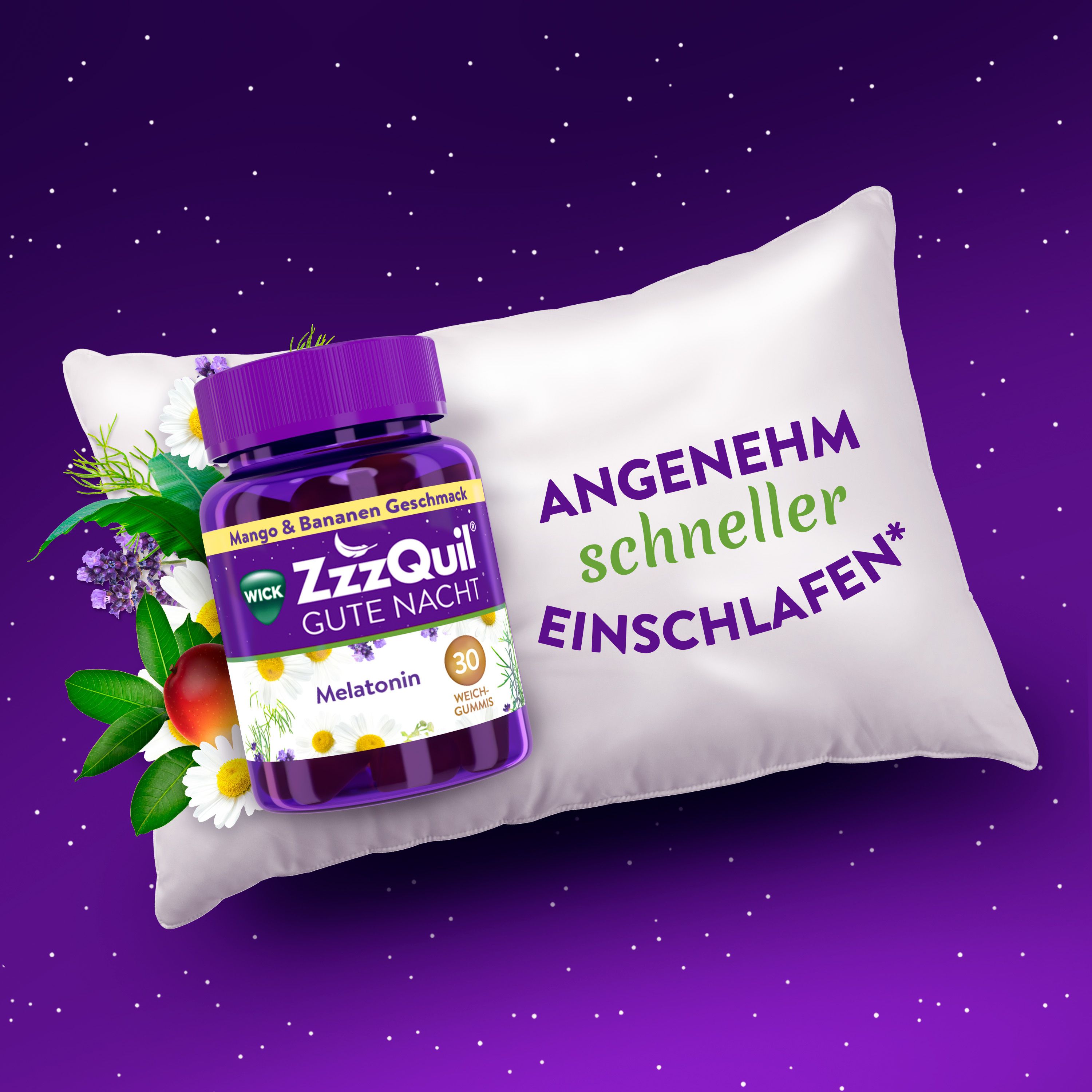 WICK ZzzQuil® Gute Nacht, Einschlafhilfe* mit Melatonin Mango & Banane