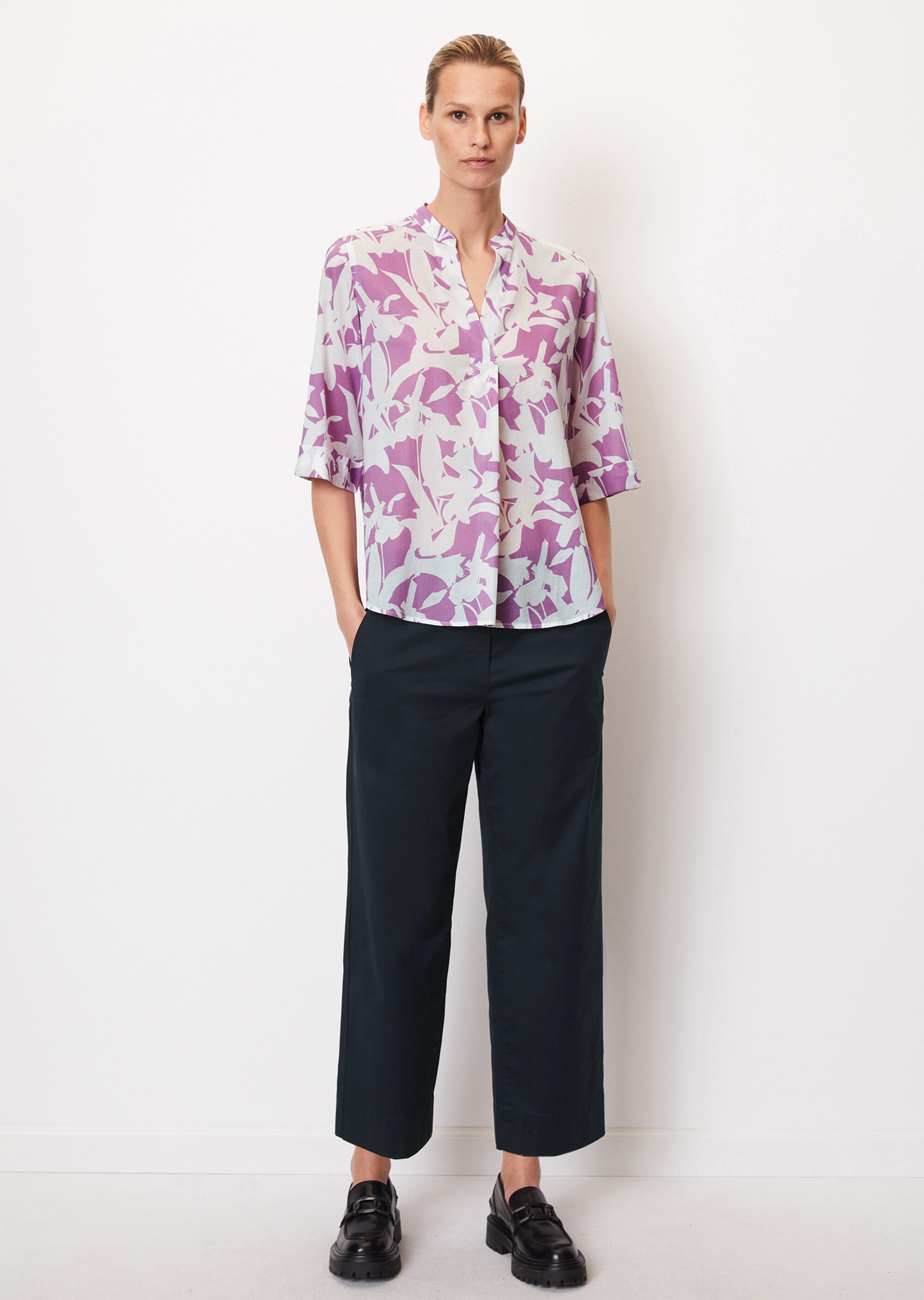 Gemusterte Tunika-Bluse regular aus leichtem Baumwolle-Voile