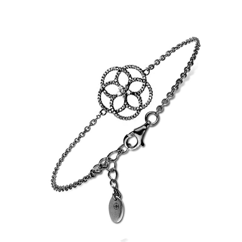 Bracelet Argent Noir Cinq Pétales Serti Blanc
