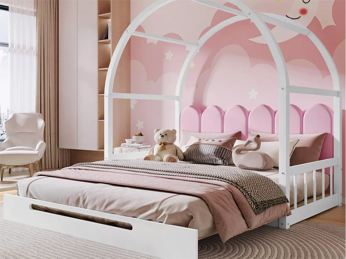 Lit gigogne 140 x 200 cm, lit enfant en bois de pin, sommier inclus - blanc