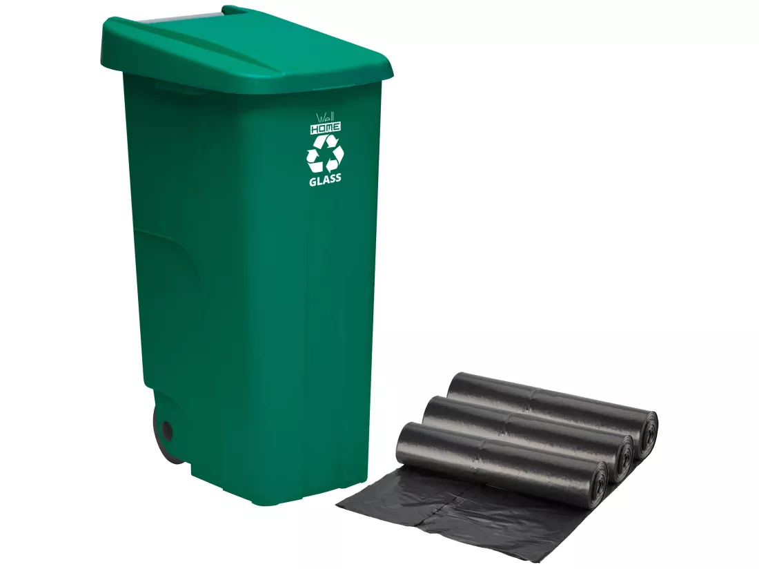 Recycle de récipient 110 litres, fermé avec le couvercle, idéal pour le recyclage en verre, avec des roues + 3x sacs à ordures de 10 unités, L57 P 42 H88