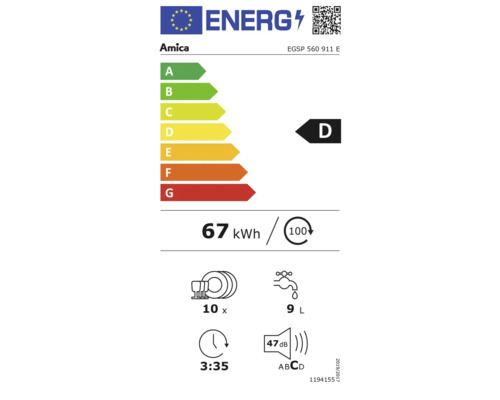 Amica EGSP 560 911 E semi-geïntegreerde vaatwasser, 45 x 87 x 58 cm, voor 10 couverts, 9 l inhoud, 47 dB(A)