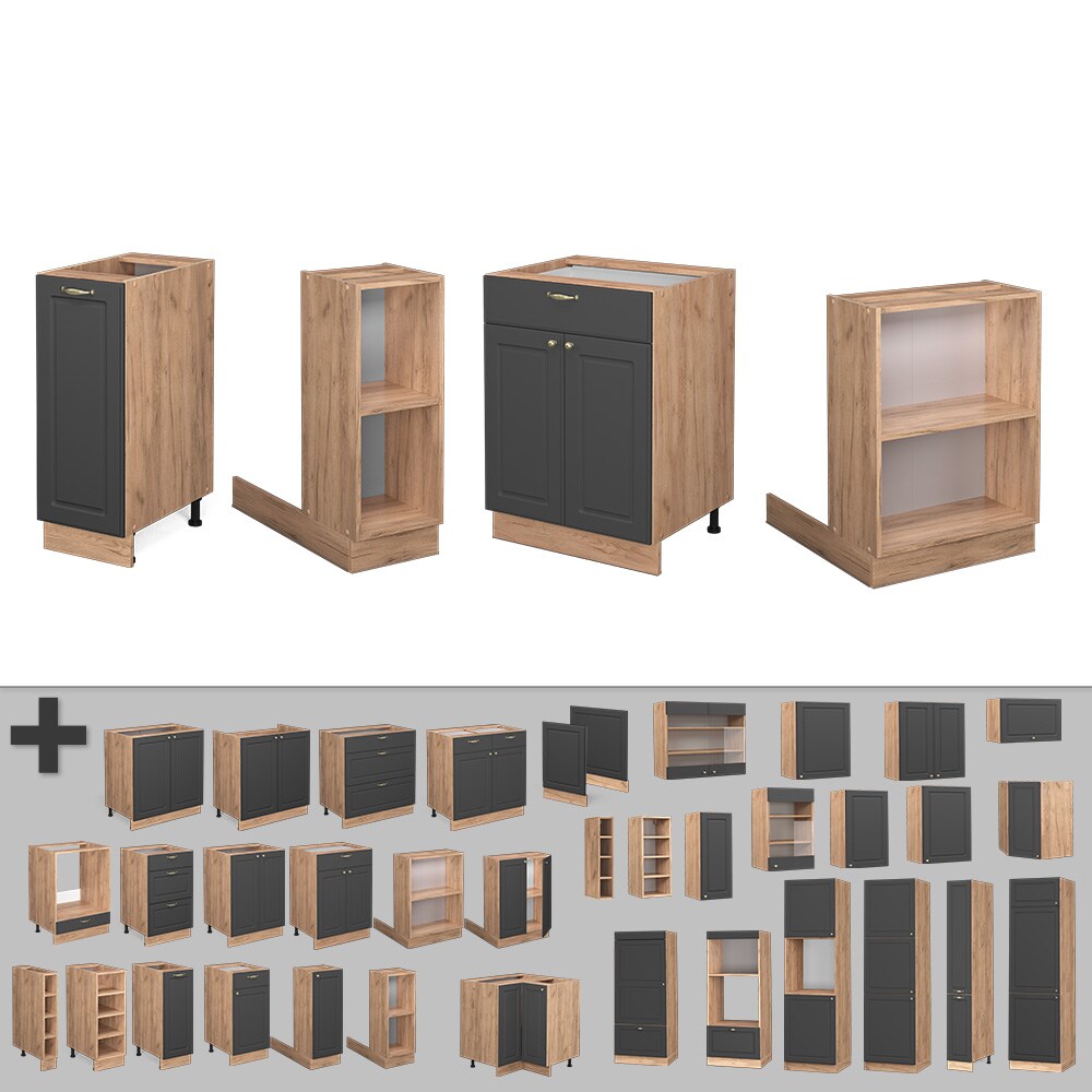 Vicco Kücheninsel Küchenblock Einbauküche Fame-Line Landhaus Eiche Anthrazit 90 cm Gold Küchen Schränke Apothekerunterschrank Schubunterschrank Regalinselunterschrank Softclose-Scharnier Küchenmöbel