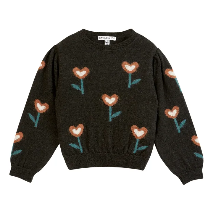 Emile et Ida Pull Intersia Fleurs Cœurs | Gris anthracite